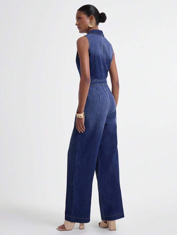 CM-JS708270 Women Casual Seoul Style Medium Wash Lapel Neckline Sleeveless Extra Long Denim Wide Leg Jumpsuit