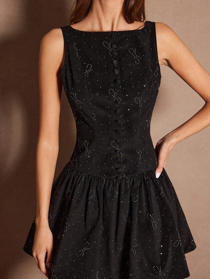 CM-DS138844 Women Elegant Seoul Style Rhinestone Embellished Single-Breasted Ruffle Hem Sleeveless Mini Dress