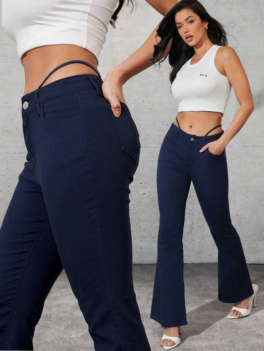 CM-BS727777 Women Casual Seoul Style Pinstripe Low Rise Boot Cut Flare Leg Jeans - Royal Blue