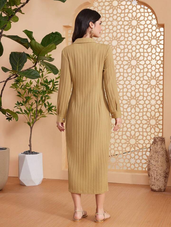 CM-DS174744 Women Elegant Seoul Style Shirt Collar Front Button Up Pleated Dress - Khaki
