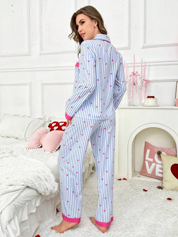 CM-LS499944 Women Trendy Seoul Style Striped Heart Patchwork Cardigan With Pajama Pants Set