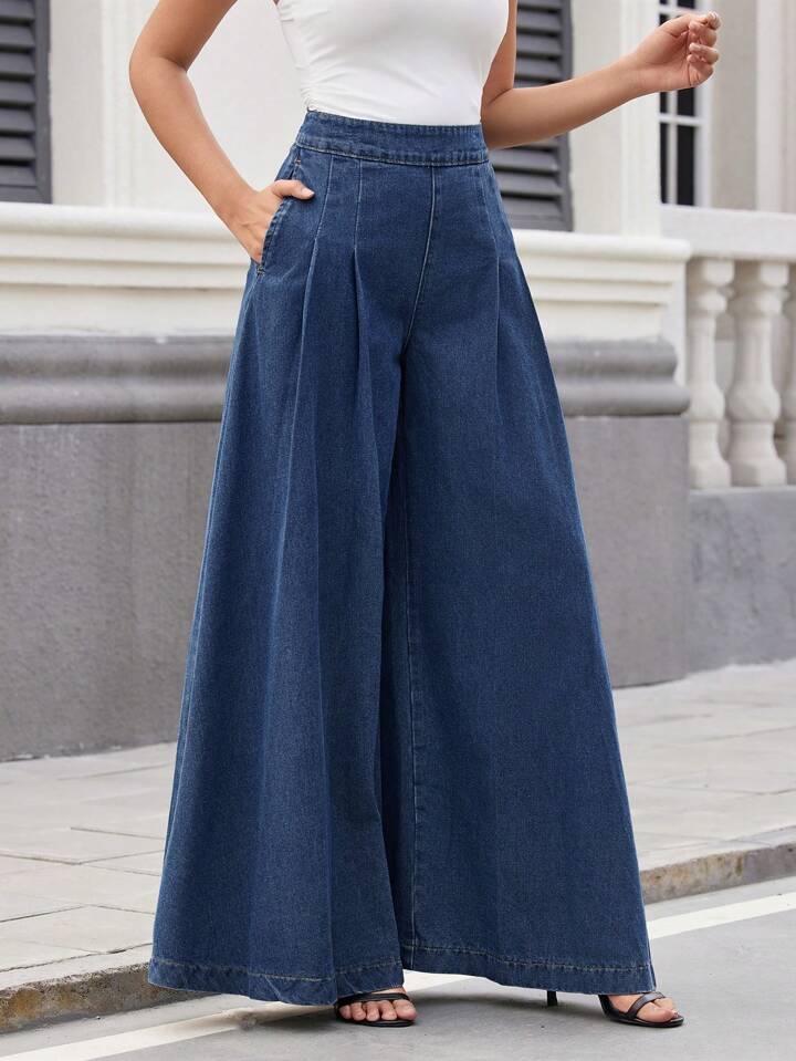 CM-BS220882 Women Casual Seoul Style Dark Wash High Waist Pleated Wide-Leg Jeans