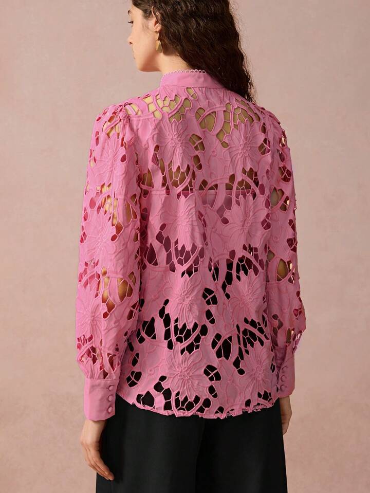CM-TS490679 Women Elegant Seoul Style Embroidered Cutout Patchwork Stand Collar Button Front Shirt
