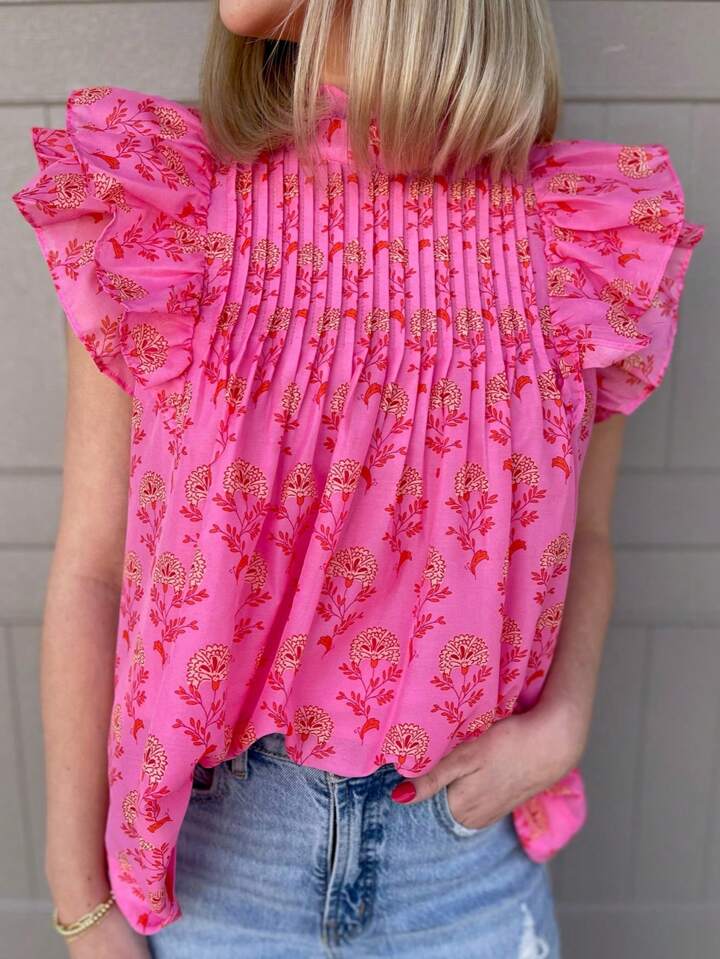 CM-TS835595 Women Trendy Bohemian Style Floral Print Fly Sleeves Ruffled High Neck Blouse - Pink