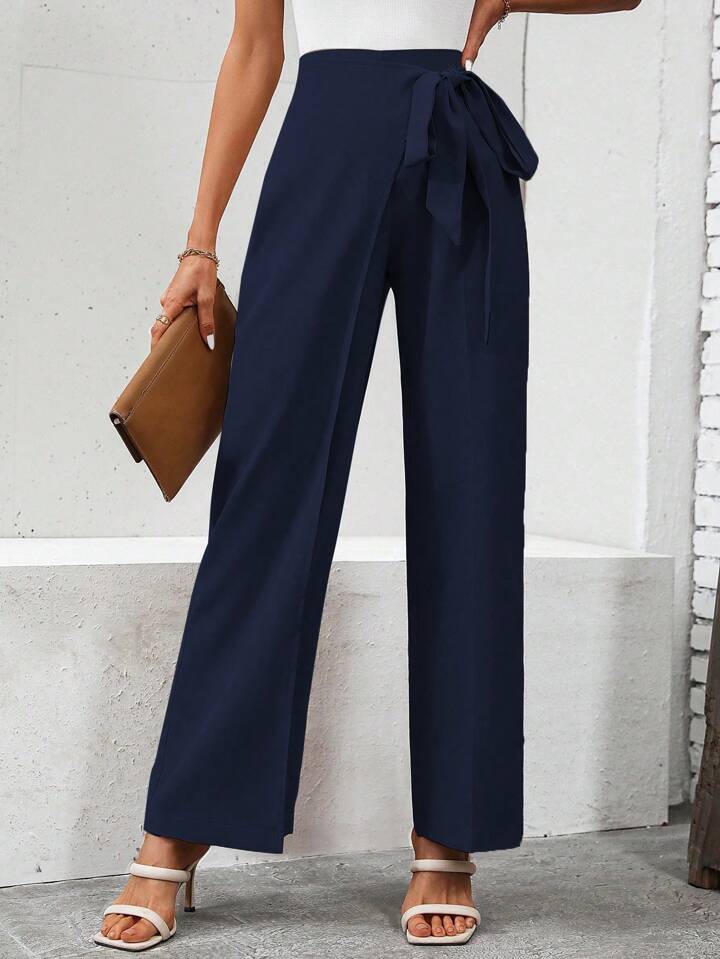 CM-BS571516 Women Casual Seoul Style High Waist Knot Side Pants - Navy Blue