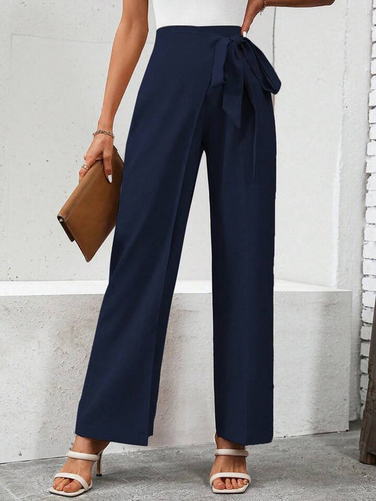 CM-BS571516 Women Casual Seoul Style High Waist Knot Side Pants - Navy Blue