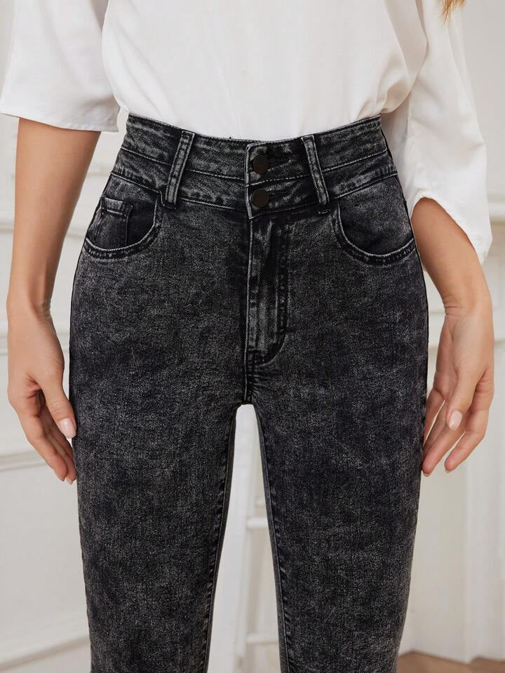 CM-BS448092 Women Casual Seoul Style High Waisted Slim Fit Double Layered Flared Jeans - Dark Gray