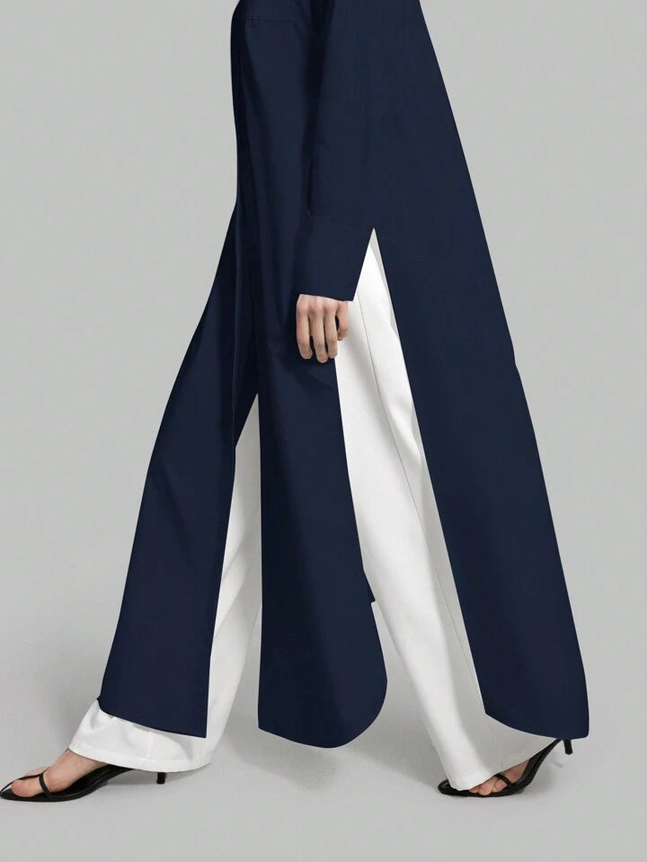 CM-TS896861 Women Casual Seoul Style Shirt Collar Long Sleeve Front Button High Slit Long Shirt - Navy Blue