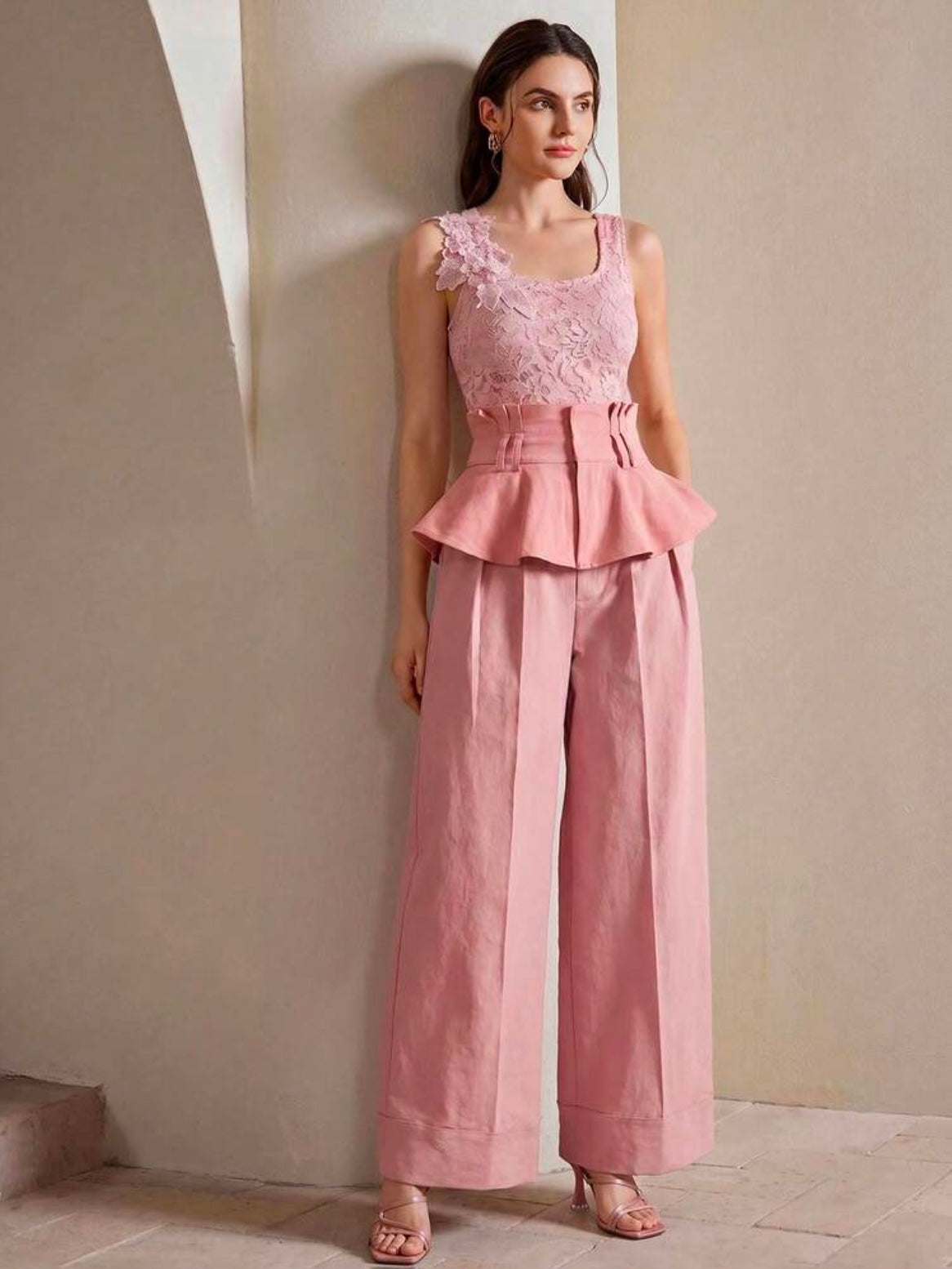 CM-BS252879 Women Elegant Seoul Style Pleated High-Waist Ruffle Hem Wide Leg Jeans - Pink