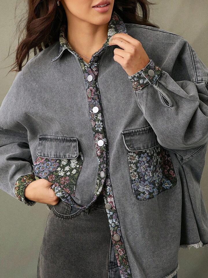 CM-CS041445 Women Casual Seoul Style 3/4 Sleeve Contrast Vintage Floral Tapestry Denim Jacket - Dark Gray
