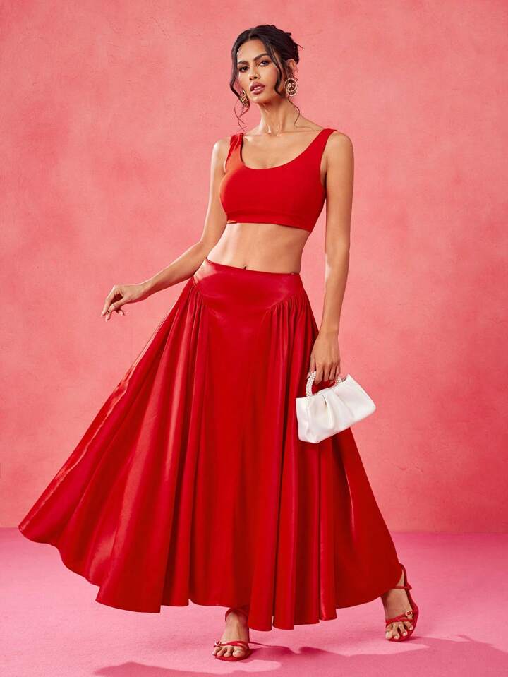 CM-BS154219 Women Elegant Seoul Style Satin High Waist A Line Rave Long Skirt - Red