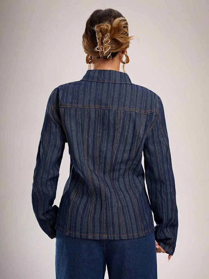 CM-CS338152 Women Casual Seoul Style Dark Wash Striped Collar Neckline Long Sleeve Denim Jacket