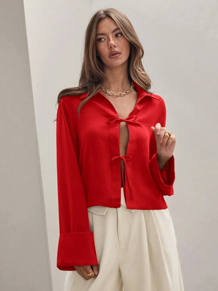 CM-TS896830 Women Trendy Bohemian Style Shirt Collar Front Tie Long Sleeve Shirt - Red