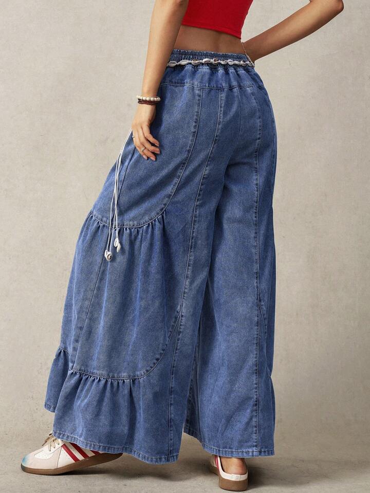 CM-BS562441 Women Casual Seoul Style Elastic Waist Irregular Patchwork Wide Leg Pants - Navy Blue