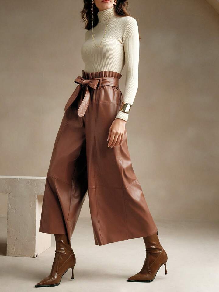 CM-BS442907 Women Elegant Seoul Style High Waist Faux Leather Wide Leg Pants - Brown