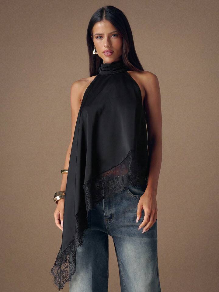 CM-TS478243 Women Elegant Seoul Style Lace Satin Patchwork Sleeveless Trim Backless Camisole Top - Black