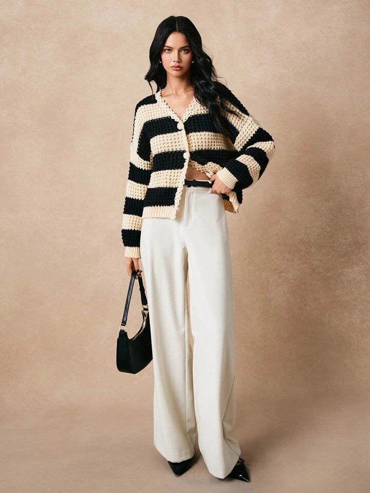 CM-CS348000 Women Casual Seoul Style Striped Drop Shoulder Long Sleeve Single Breasted Cardigan