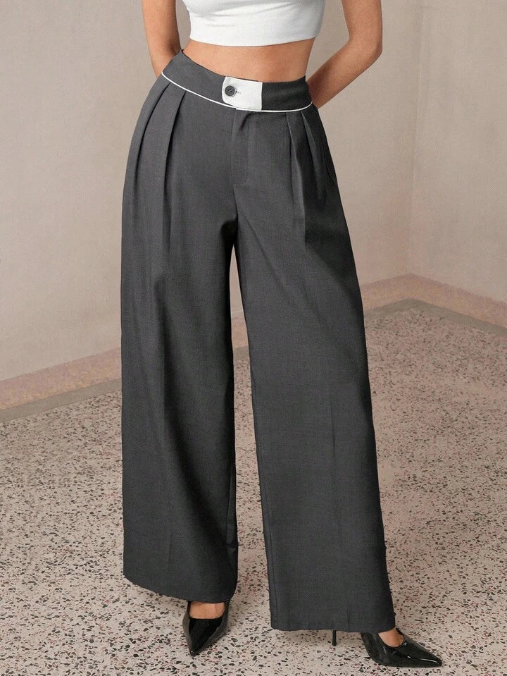 CM-BS433170 Women Casual Seoul Style Contrast Color Maxi Wide Leg Suit Pants - Dark Gray