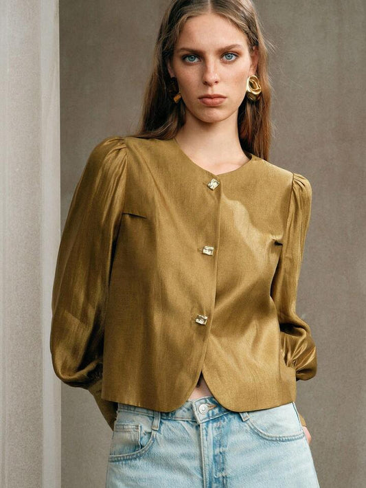 CM-TS487747 Women Elegant Seoul Style Round Neck Extra Long Puff Sleeve Button Front Shirt - Mustard Yellow