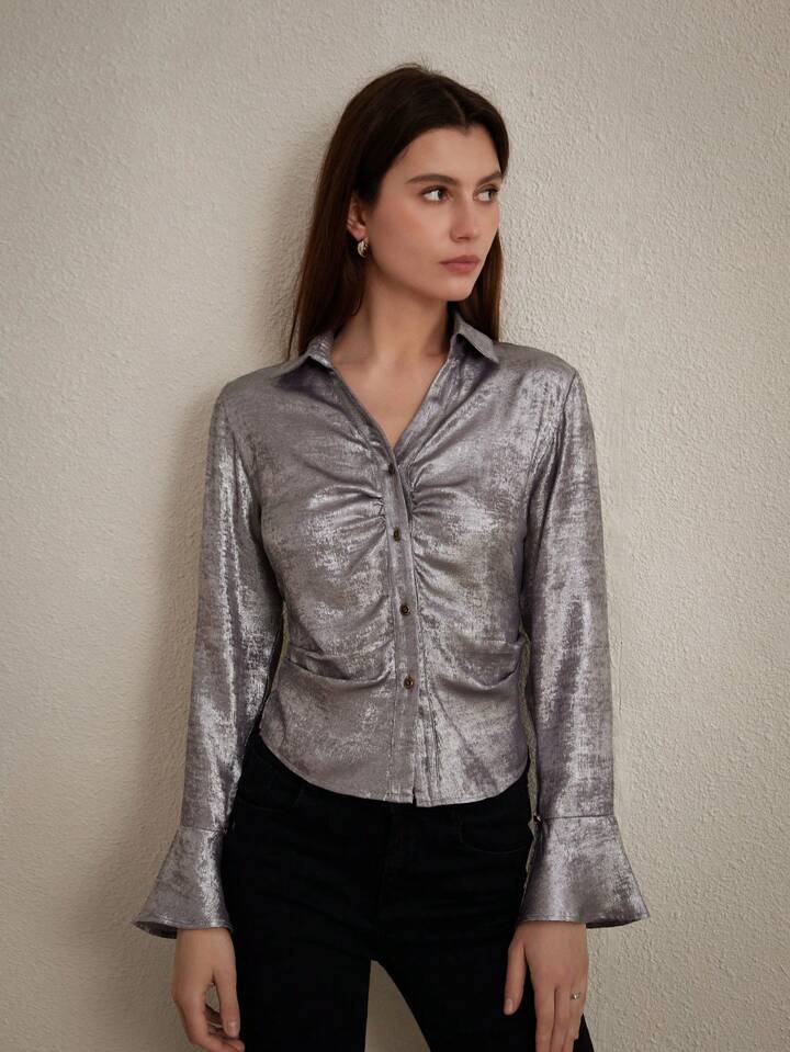 CM-TS271942 Women Elegant Seoul Style Shiny Metallic Gloss Flared Sleeve Shirt - Silver