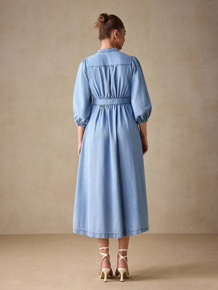 CM-DS367700 Women Elegant Seoul Style Deep V-Neck Lantern Sleeve Midi Denim Dress - Blue