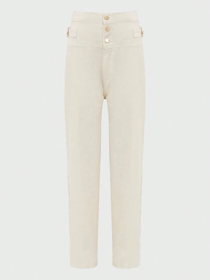 CM-BS240424 Women Casual Seoul Style Ultra High Waist Plain Extra Long Straight Leg Jeans - Beige