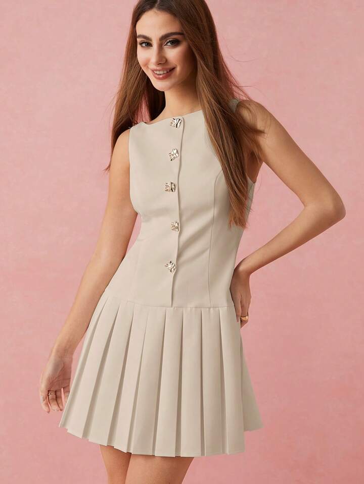 CM-DS170727 Women Elegant Seoul Style Metal Buttons Decor Pleated Hem Sleeveless Mini Dress - Khaki