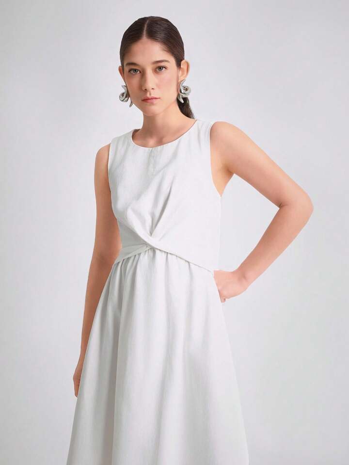 CM-DS931041 Women Casual Seoul Style Round Neck Sleeveless High Waist Loose Denim Dress - White