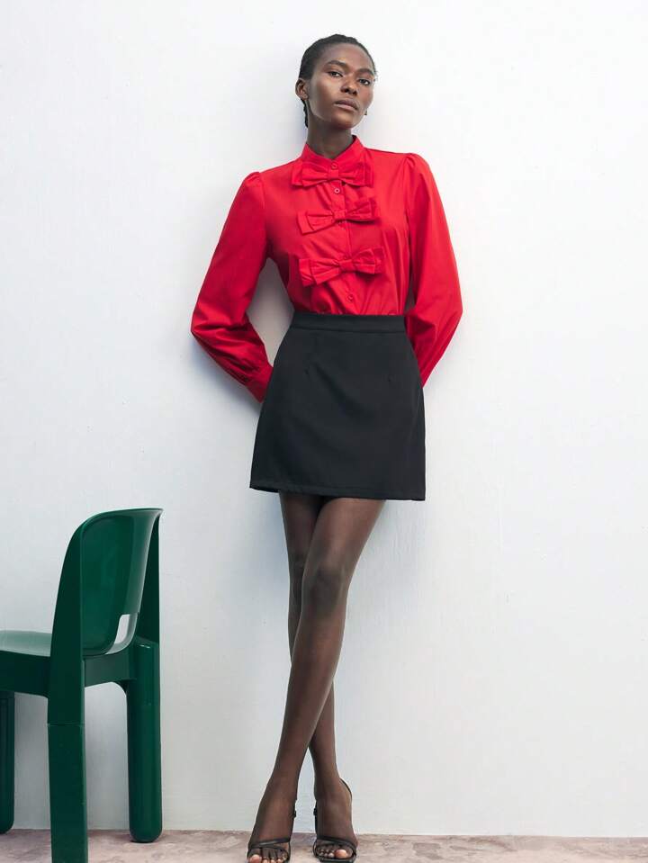 CM-TS178815 Women Elegant Seoul Style Bow Decor Shirt Collar Button-Up Long Sleeve Blouse - Red