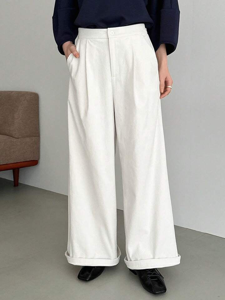 CM-BS436189 Women Casual Seoul Style Solid Color High Waist Straight-Leg Pants - White