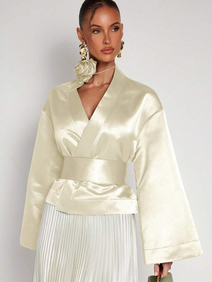 CM-TS832033 Women Elegant Seoul Style Solid Color V-Neck Wrap Flared Sleeve Blouse - Apricot