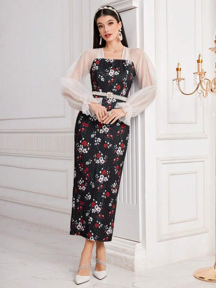 CM-DS562668 Women Elegant Seoul Style Floral Printed Mesh Patchwork Long Sleeve Dress