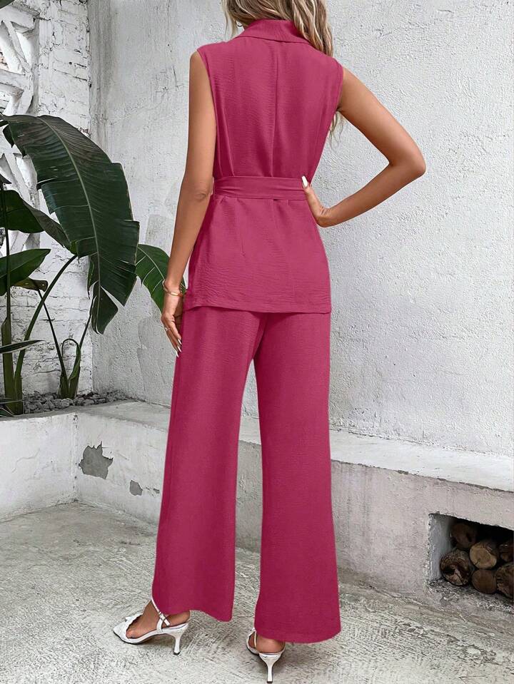 CM-SS889299 Women Elegant Seoul Style Shawl Collar Waistband Suit Vest With Wide Leg Pants - Set