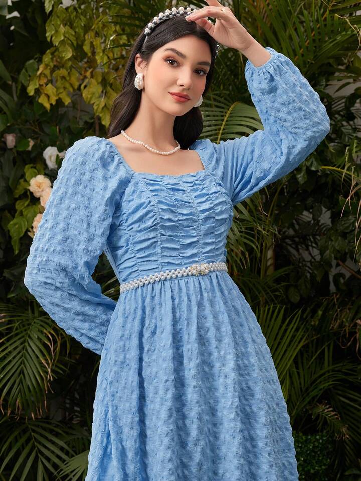 CM-DS041762 Women Elegant Seoul Style Square Neck Lantern Sleeve Dress - Blue