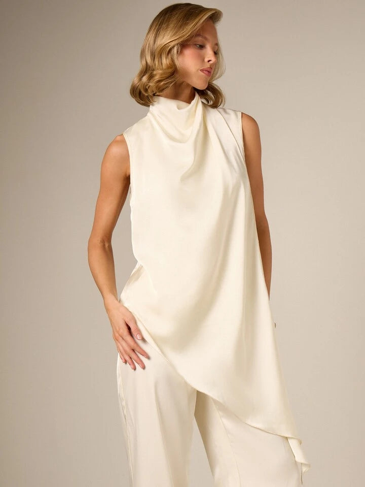 CM-TS197759 Women Elegant Seoul Style Satin Asymmetric Cowl Neck Sleevless Drape Blouse - Apricot
