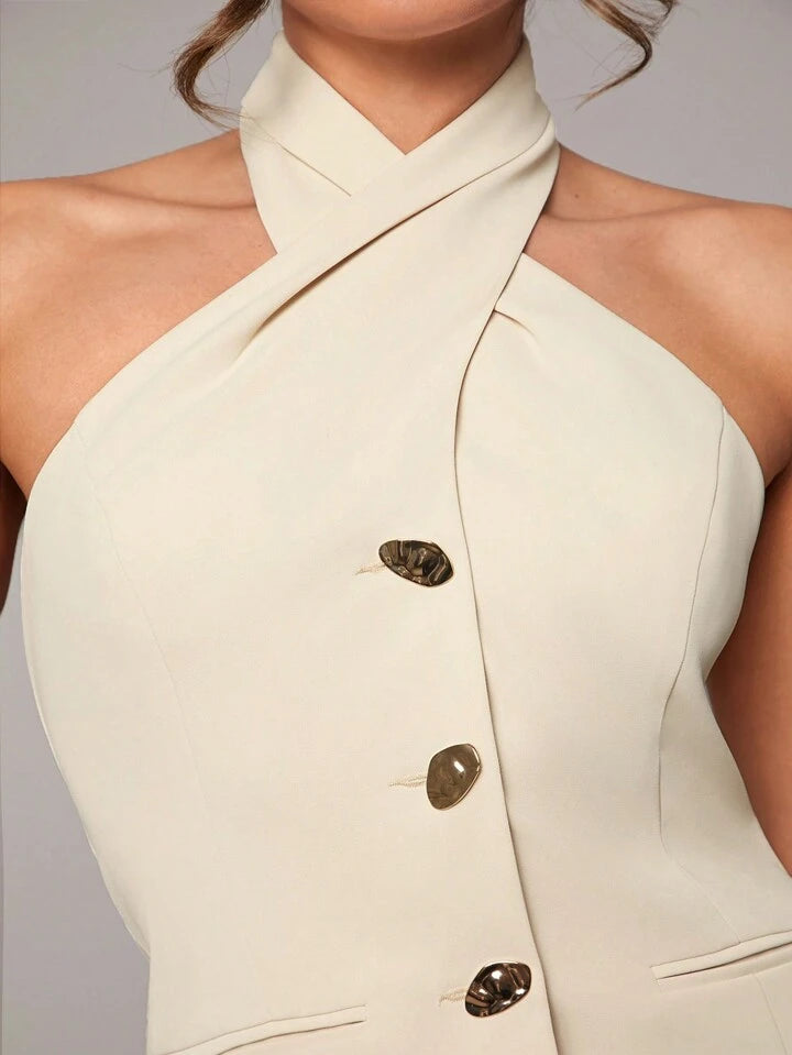 CM-SS288971 Women Elegant Seoul Style Sleeveless Metal Buckle Slim Halter Top With Pants Suit - Apricot
