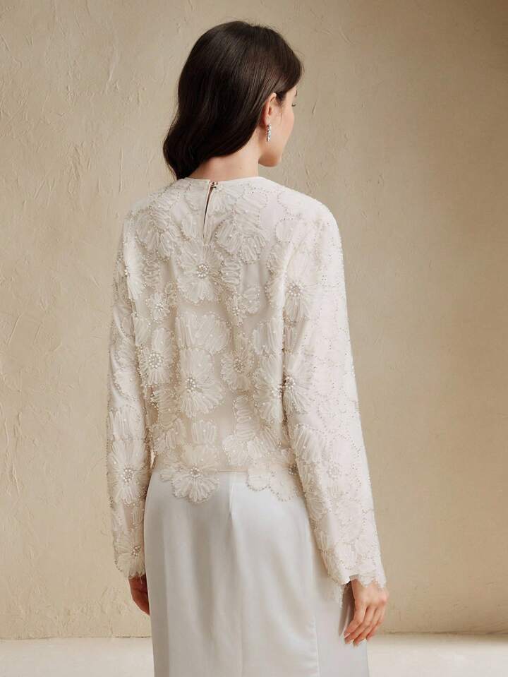 CM-TS303207 Women Elegant Seoul Style Round Neck Long Sleeve Floral Beaded Sheer Blouse - Apricot