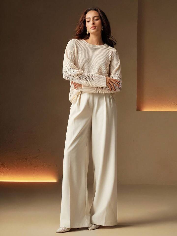 CM-CS169159 Women Elegant Seoul Style Solid Color Hollow Out Pattern Long Sleeve Knit Pullover Sweater - Beige