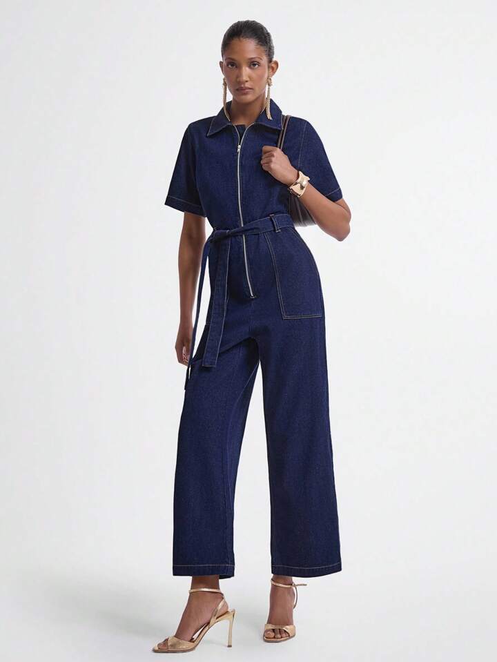 CM-JS957764 Women Casual Seoul Style Dark Wash Collar Neckline Short Sleeve Loose Denim Jumpsuit