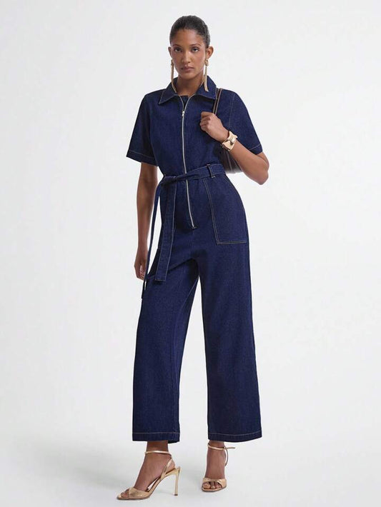 CM-JS957764 Women Casual Seoul Style Dark Wash Collar Neckline Short Sleeve Loose Denim Jumpsuit