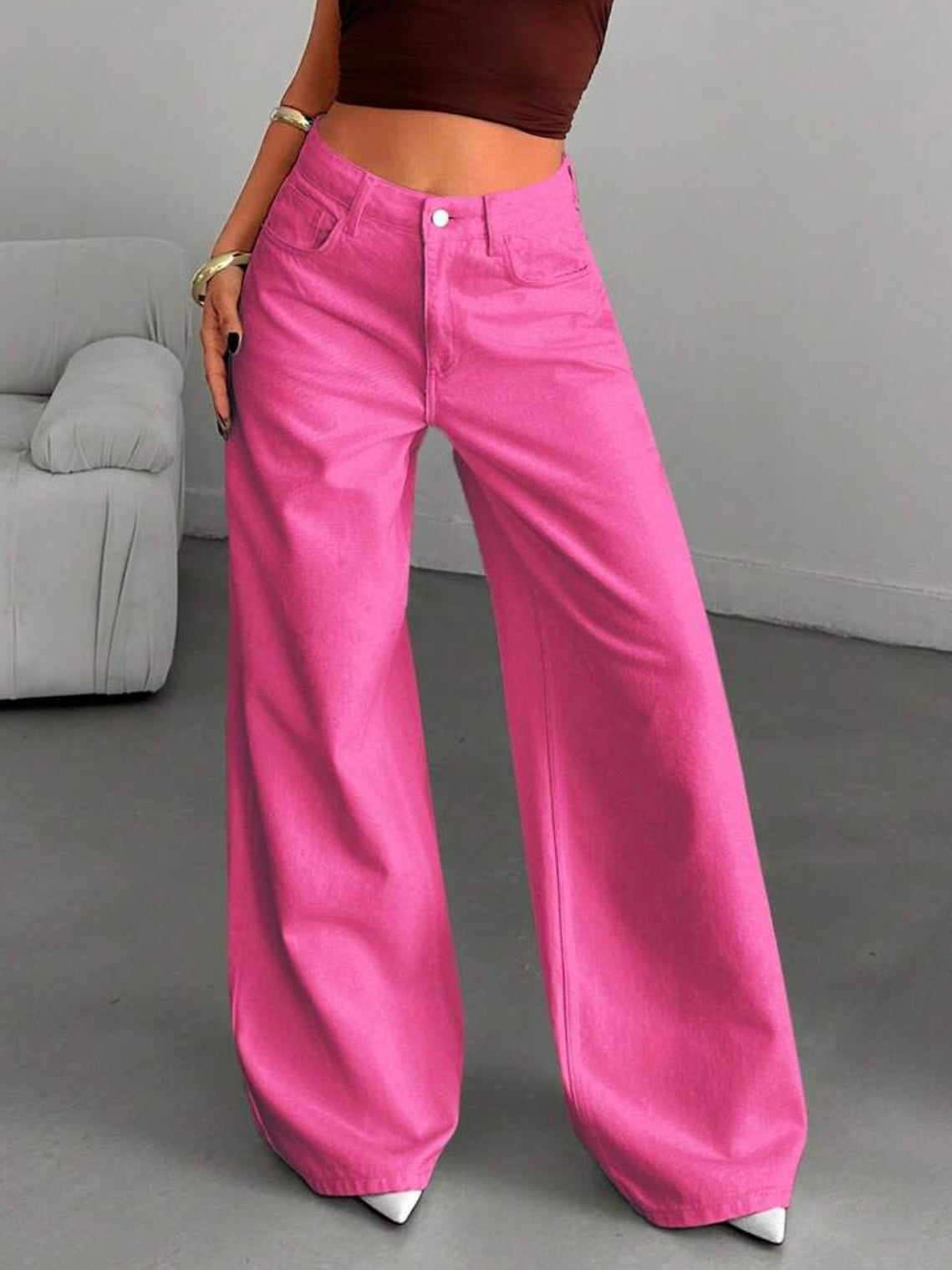 CM-BS201742 Women Casual Seoul Style High-Waisted Wide-Leg Denim Jeans - Dark Pink