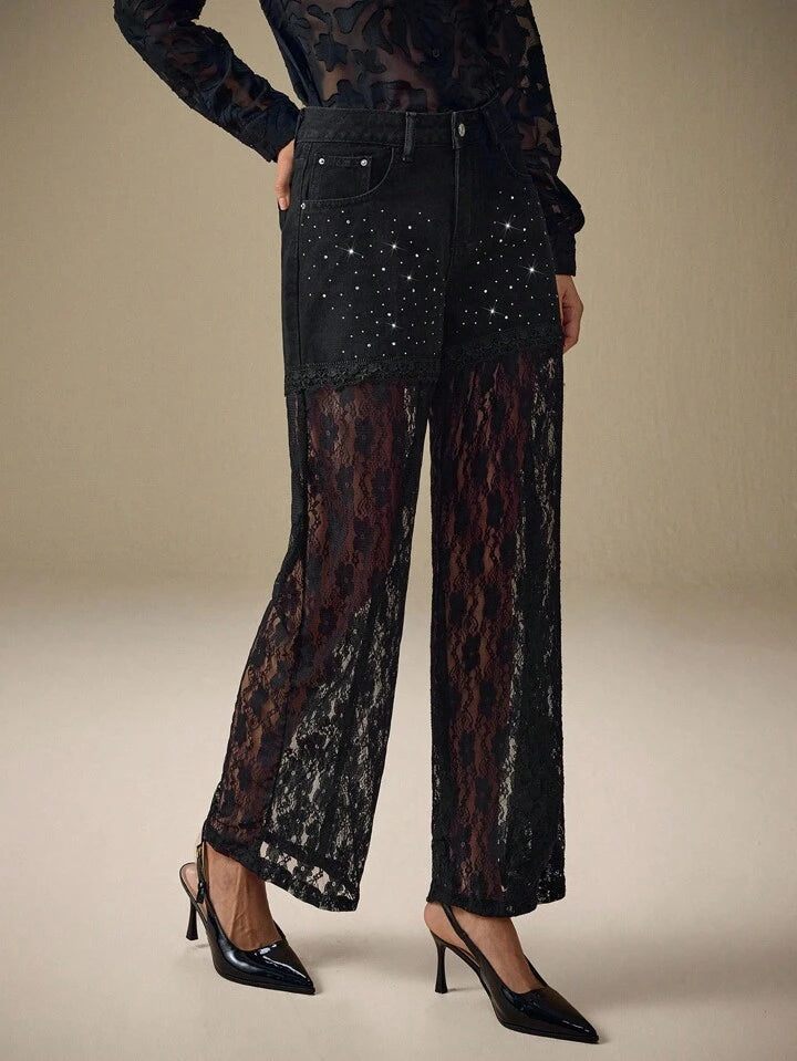 CM-BS245569 Women Elegant Seoul Style Lace Patchwork Rhinestone Embellished Straight-Leg Denim Jeans - Black