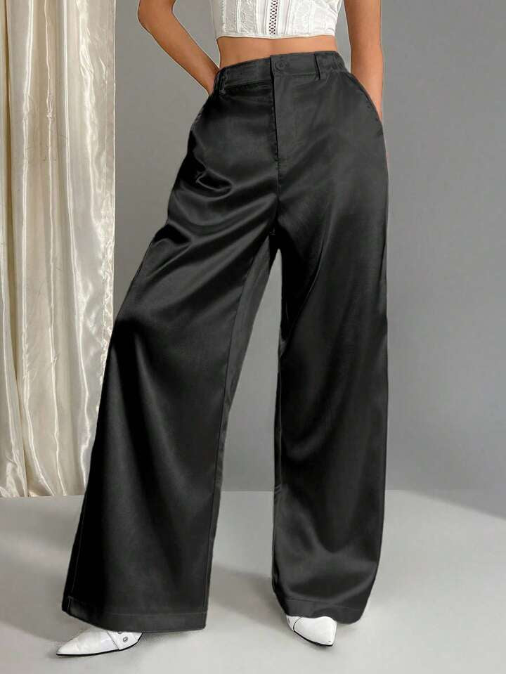 CM-BS020018 Women Casual Seoul Style Satin Elastic Waist Wide Leg Palazzo Pants - Black