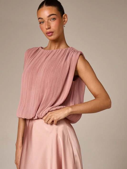 CM-TS550228 Women Casual Seoul Style Crew Neck Pleated Sleeveless Blouse - Pink