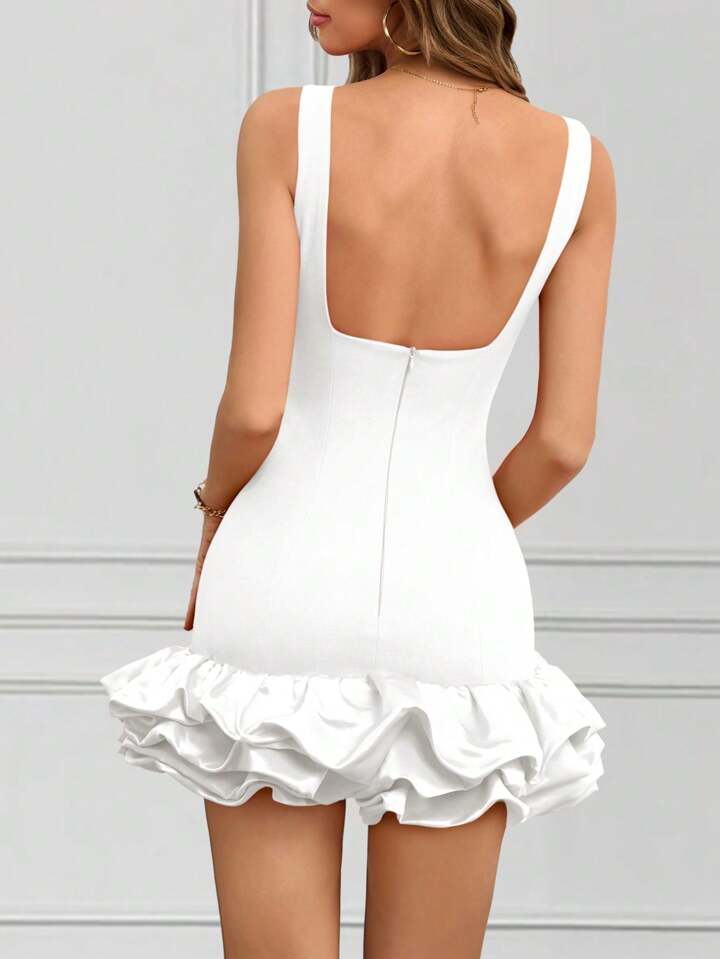 CM-DS379410 Women Elegant Seoul Style Round Neck Sleeveless Ruffle Hem Short A-Line Dress - White