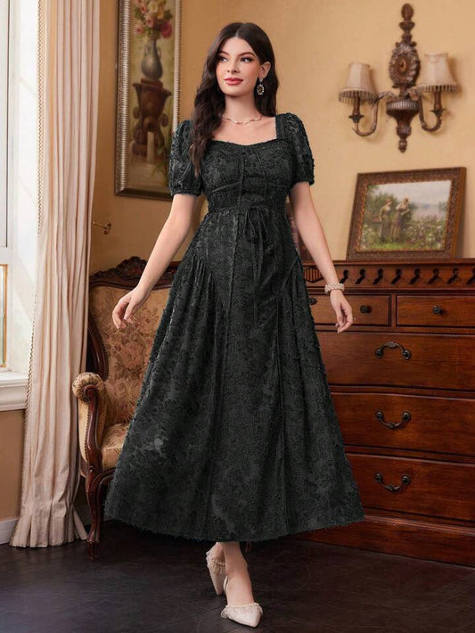 CM-DS408799 Women Elegant Seoul Style Sweetheart Neck Puff Sleeve Long Dress - Black