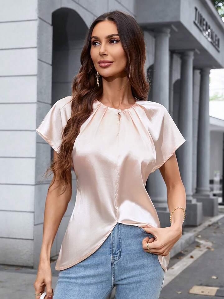 CM-TS152818 Women Casual Seoul Style Glossy Waist-Cinching Short Sleeve Shirt - Pink