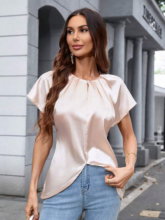 CM-TS152818 Women Casual Seoul Style Glossy Waist-Cinching Short Sleeve Shirt - Pink