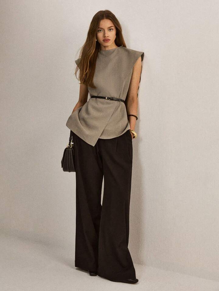CM-TS822293 Women Elegant Seoul Style Stand Collar Sleeveless Asymmetric Hem Loose Blouse - Apricot