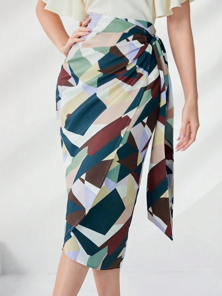 CM-BS808550 Women Elegant Seoul Style Geometric Print Knot Side Wrap Skirt